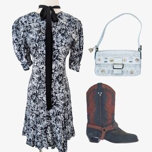 90's Mini Dress Black White Floral Drop Waist Ruffles Short Sleeve Ashley Taylor